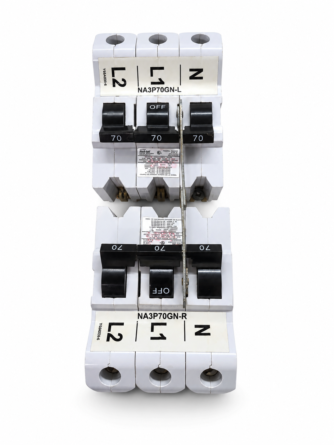 A pair of modular electrical circuit breakers, one labeled NA3P70GN-L and the other NA3P70GN-R, shown side-by-side on a white background.